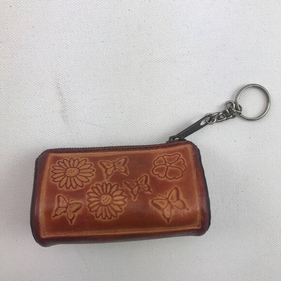 Carved Leather Butterfly Flower Keychain Coin Purse Sailboat Palm Tree Souvenir - Picture 1 of 6